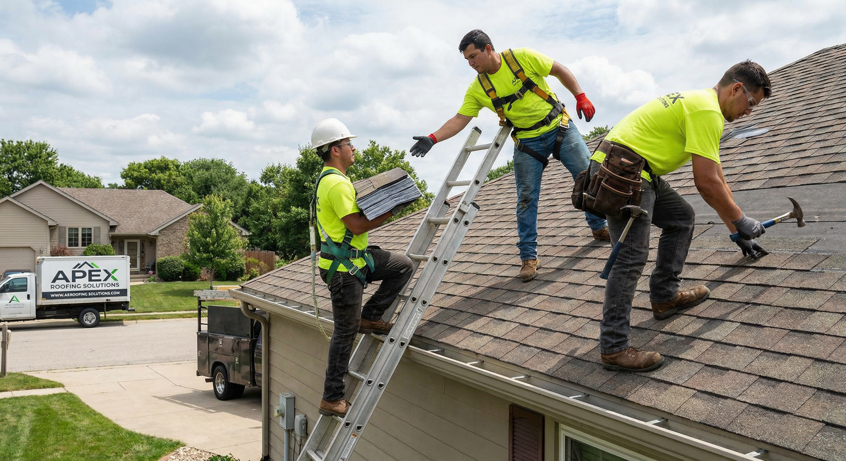Professional roofing team at work